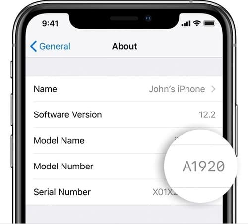 iPhone model number demo in Settings > General